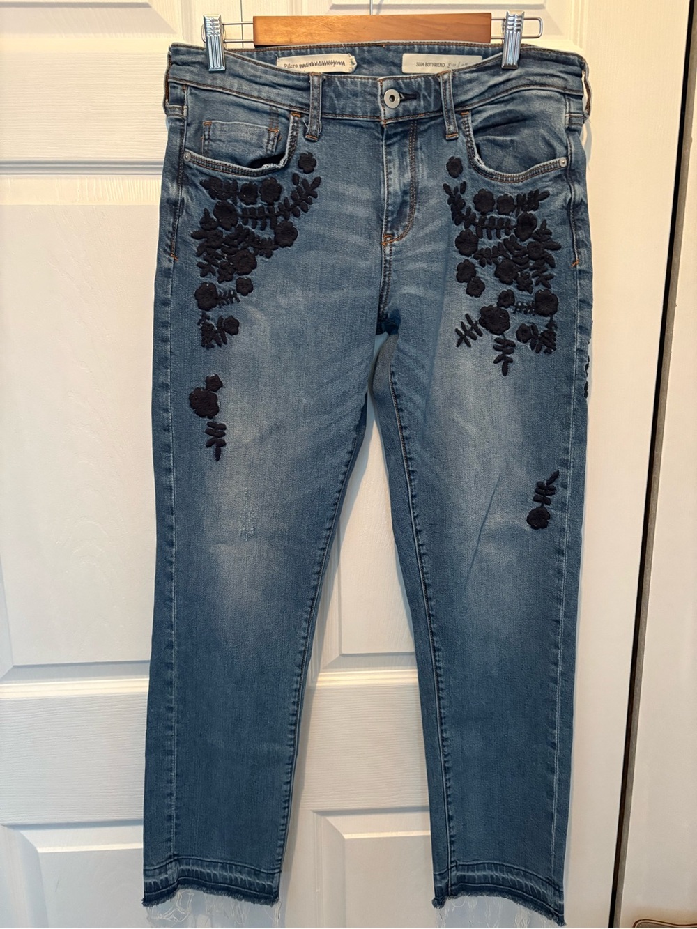 Anthropologie Blue Boyfriend Jeans with Black Floral Embroidery